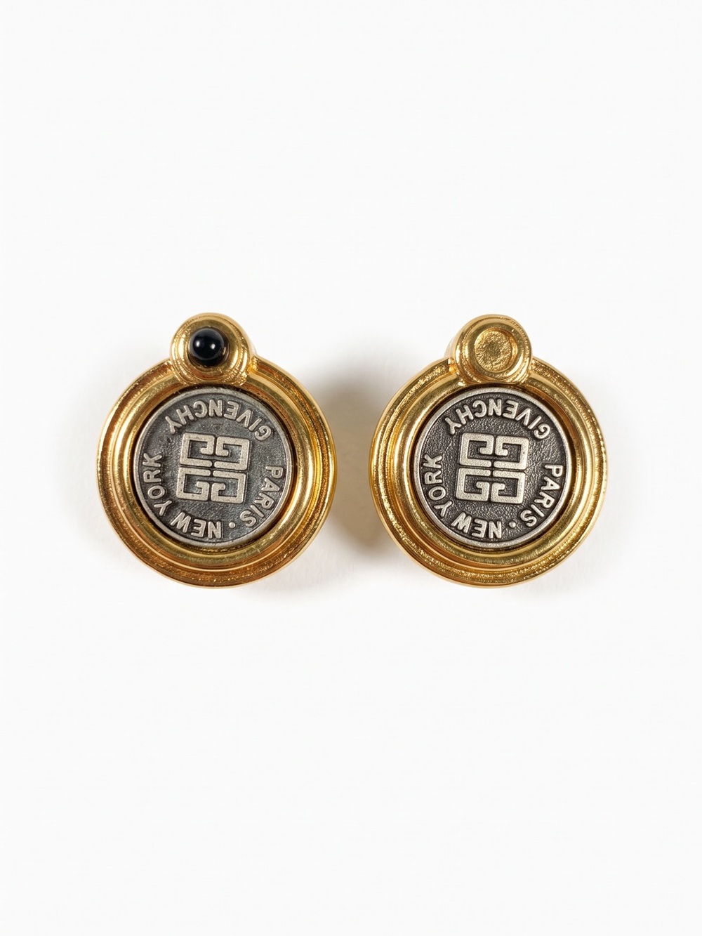 Vintage Givenchy Gold and Black Logo Round Clip Earrings